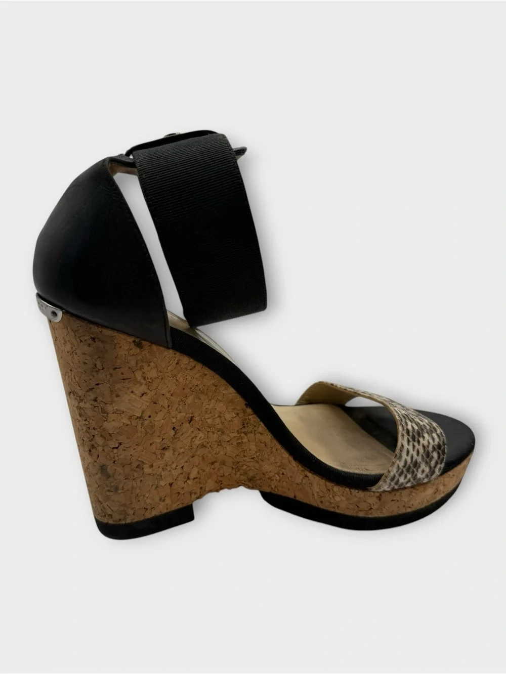 Jimmy Choo Neston Cork Wedge Sandals Snakeskin & Black Leather Euro 41.5 US 10.5